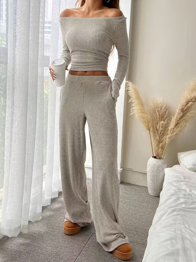 European And American Cross-Border Amazon Spring And Autumn Popular Ribbed Casual Set For Women, Long-Sleeve Crop Top And Long Pants Two-Piece Set