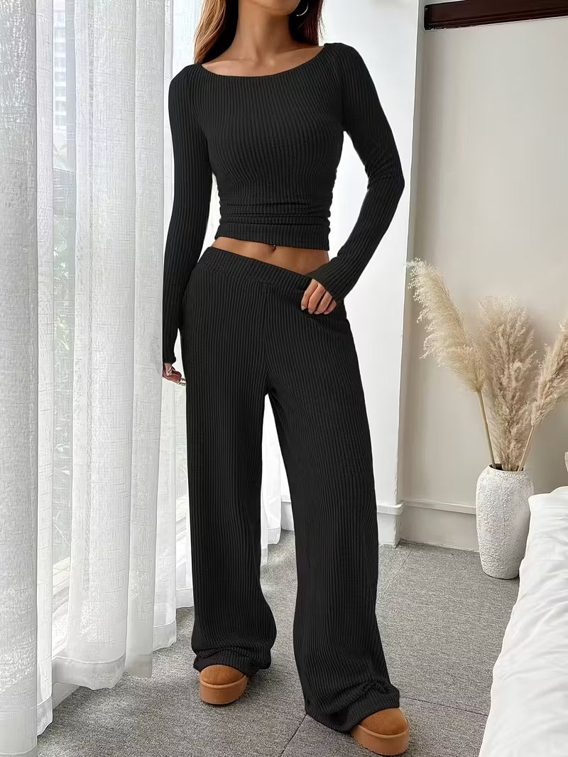 European And American Cross-Border Amazon Spring And Autumn Popular Ribbed Casual Set For Women, Long-Sleeve Crop Top And Long Pants Two-Piece Set