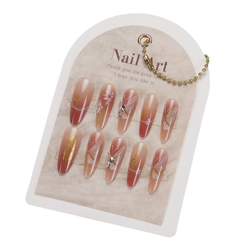Wearing Nail Piece Advanced Summer Butterfly Flower Handmade Nail Patch Cat's Eye Rhinestone Fake Nail Piece Removable