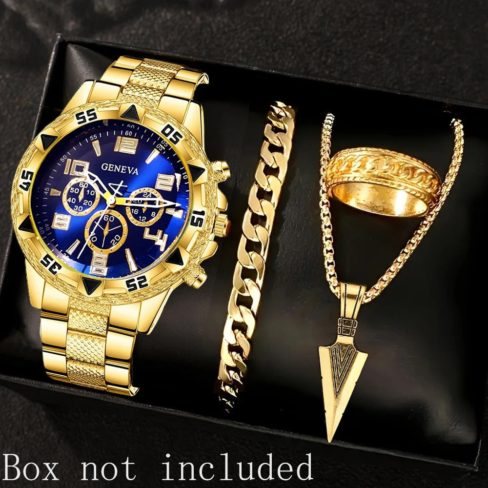 Cross-Border Hot-Selling Men's Watch + Jewelry Set, High-End Men's Business Watch Gift Four-Piece Watch Set