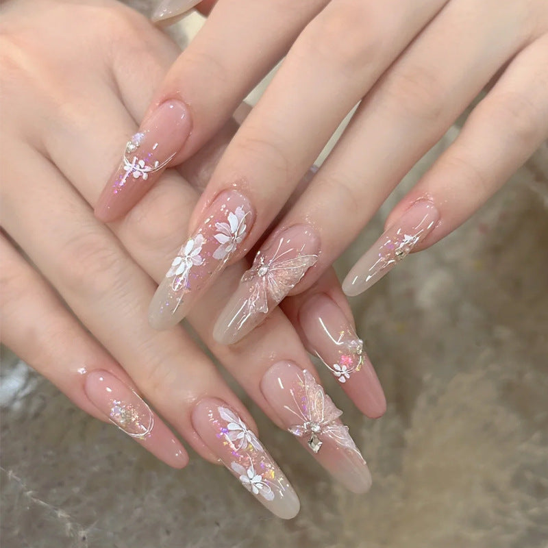 Wearing Nail Piece Advanced Summer Butterfly Flower Handmade Nail Patch Cat's Eye Rhinestone Fake Nail Piece Removable