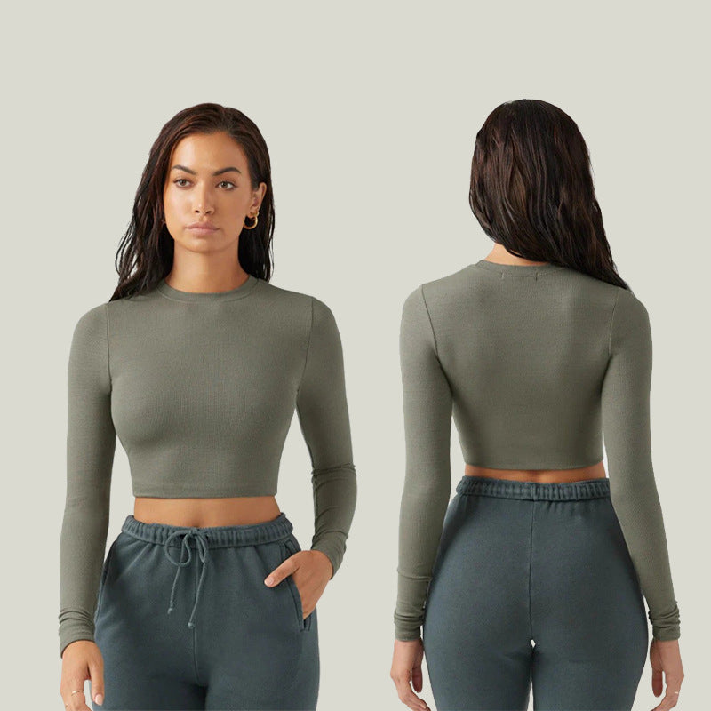Cross-Border European And American New Winter Threaded Sports Yoga Clothes Long-Sleeved Stomach-Covering And Navel-Baring Fitness Running Yoga Tops For Women