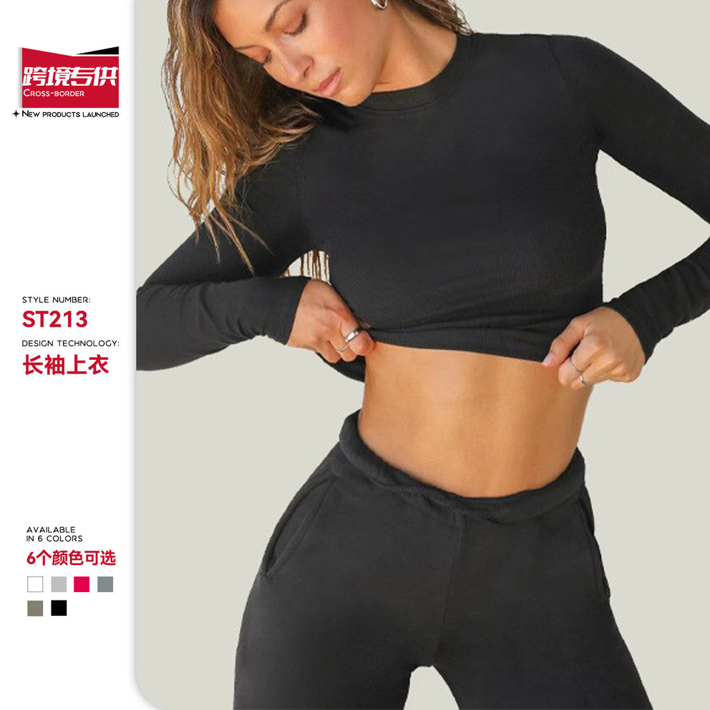 Cross-Border European And American New Winter Threaded Sports Yoga Clothes Long-Sleeved Stomach-Covering And Navel-Baring Fitness Running Yoga Tops For Women