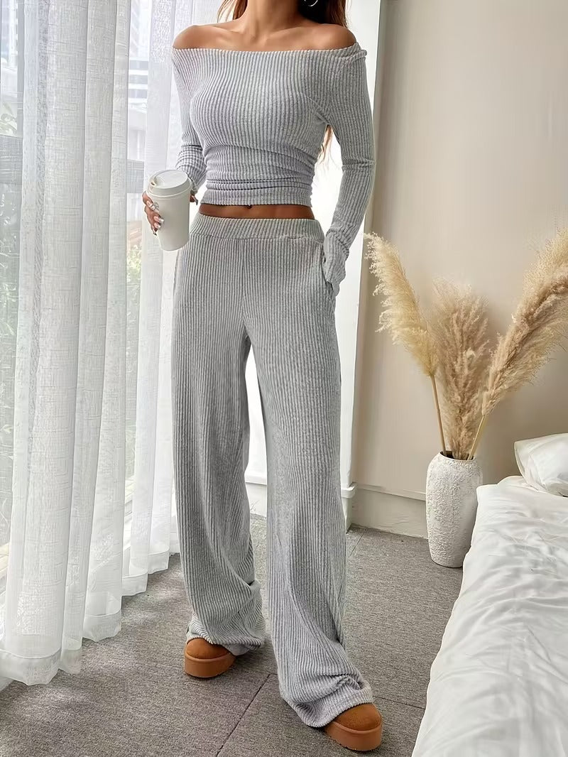 European And American Cross-Border Amazon Spring And Autumn Popular Ribbed Casual Set For Women, Long-Sleeve Crop Top And Long Pants Two-Piece Set