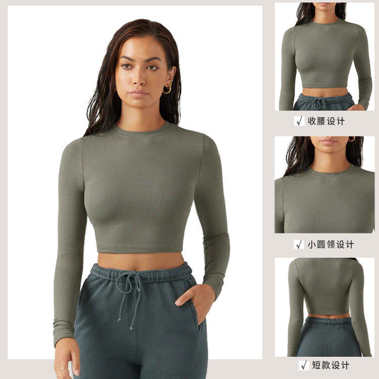 Cross-Border European And American New Winter Threaded Sports Yoga Clothes Long-Sleeved Stomach-Covering And Navel-Baring Fitness Running Yoga Tops For Women
